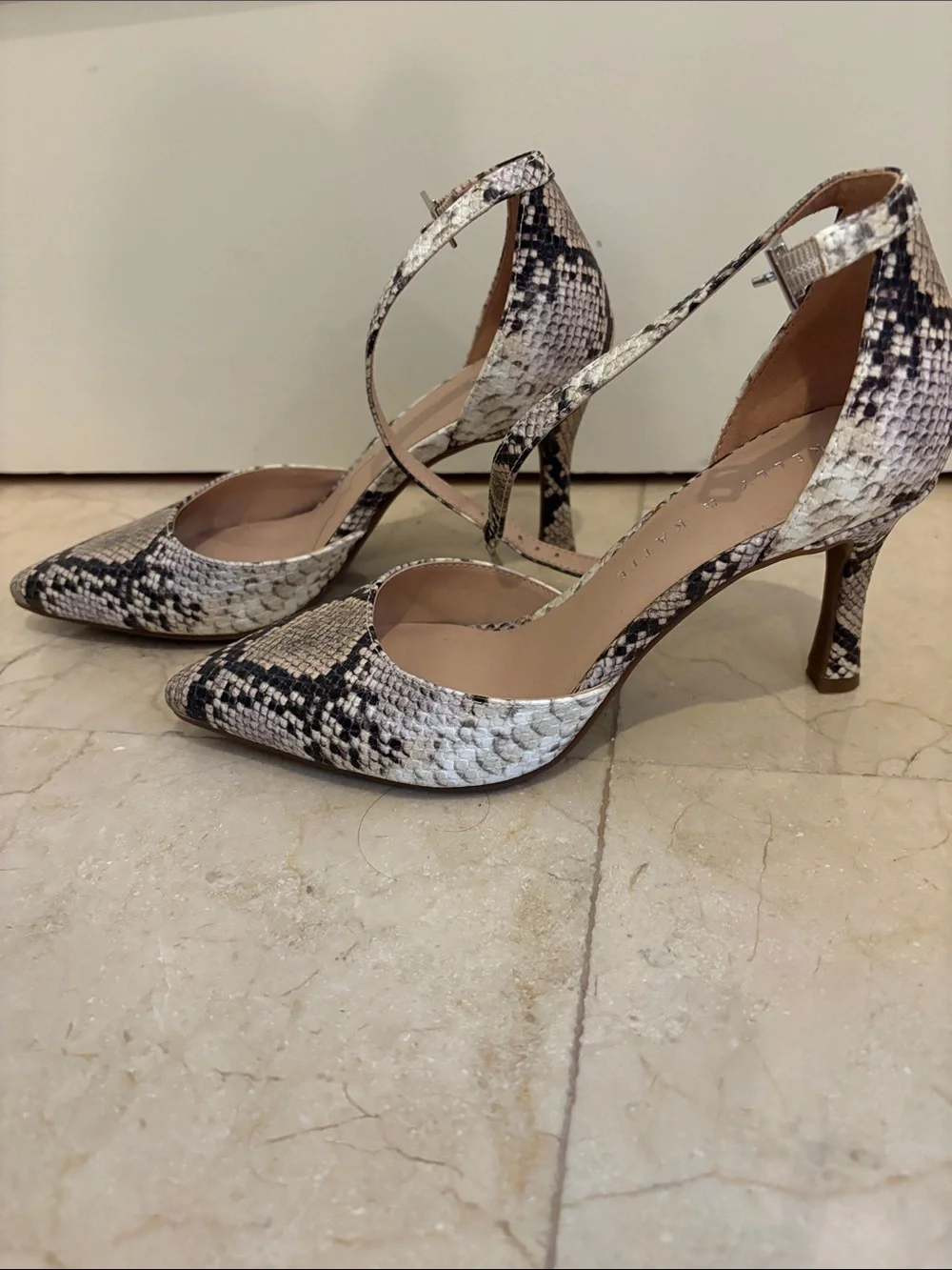 Kelly & Katie Snake-Print Pointed Toe Ankle-Strap Pumps in Black and Cream